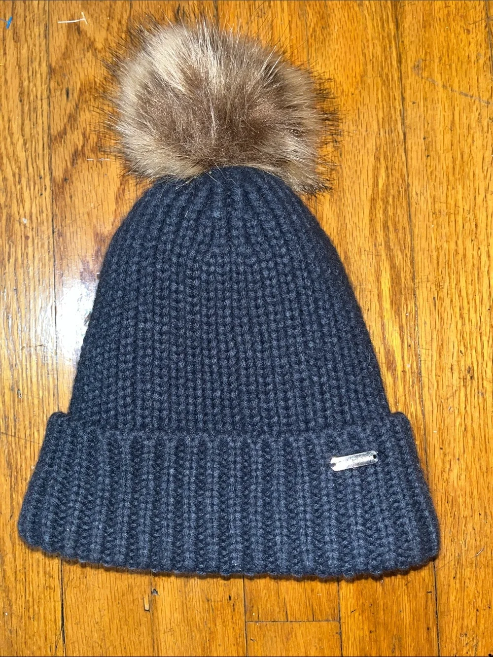 Steve Madden Blue Knit Pom Beanie Hat with Brown Faux Fur Pom OS